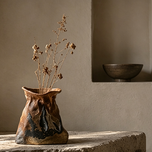 Vase en céramique fait main marbré aux tons terreux, forme sac froissé irrégulière, style Wabi Sabi, pour décoration de table ronde - Product Image 5