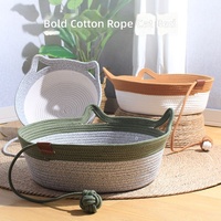 Panier en rotin tressé à motif uni pour chat, avec coussin et balles de jeu, lit pour chat en coton doux pour toutes les saisons