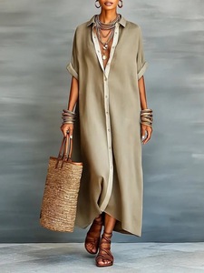 <span class=keywords><strong>Robe</strong></span> longue décontractée d'été pour femme, nouvelle collection, couleur unie, <span class=keywords><strong>col</strong></span> rabattu, manches retroussables, boutonnée, coupe ample - Product Image 4