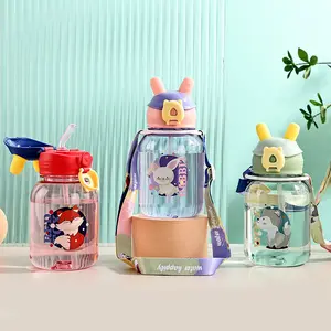 Nhiệt Độ Cao Sinh Viên PC 600Ml Nhựa Tường Đơn Lật Top Dễ Thương Uống Chai Chai Nước Kid Với Vành Đai Và Rơm