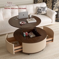 Meuble TV rond moderne avec plateau relevable, tiroir de rangement et compartiment dissimulé, hauteur réglable, meuble de salon mobile