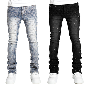 กางเกงยีนส์ทรงตรงเอวสูงผู้ชายรุ่นใหม่ปี 2024 ประดับด้วยคริสตัล สไตล์ยุโรปอเมริกัน แฟชั่นสตรีทสุดฮิต แต่งลายปะติด - Product Image 1