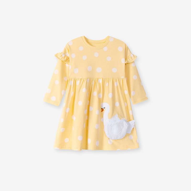 Kids Girls Cotton Dress Cartoon Pattern Polka Dot O-Neck Casual Knee ...