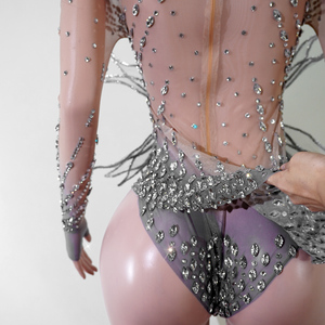 Body de scène personnalisé pour <span class=keywords><strong>femme</strong></span>, à manches longues, col en V profond, avec ailes en cristal 3D et strass intégral, en maille ombrée, style Showgirl, en stock - Product Image 6