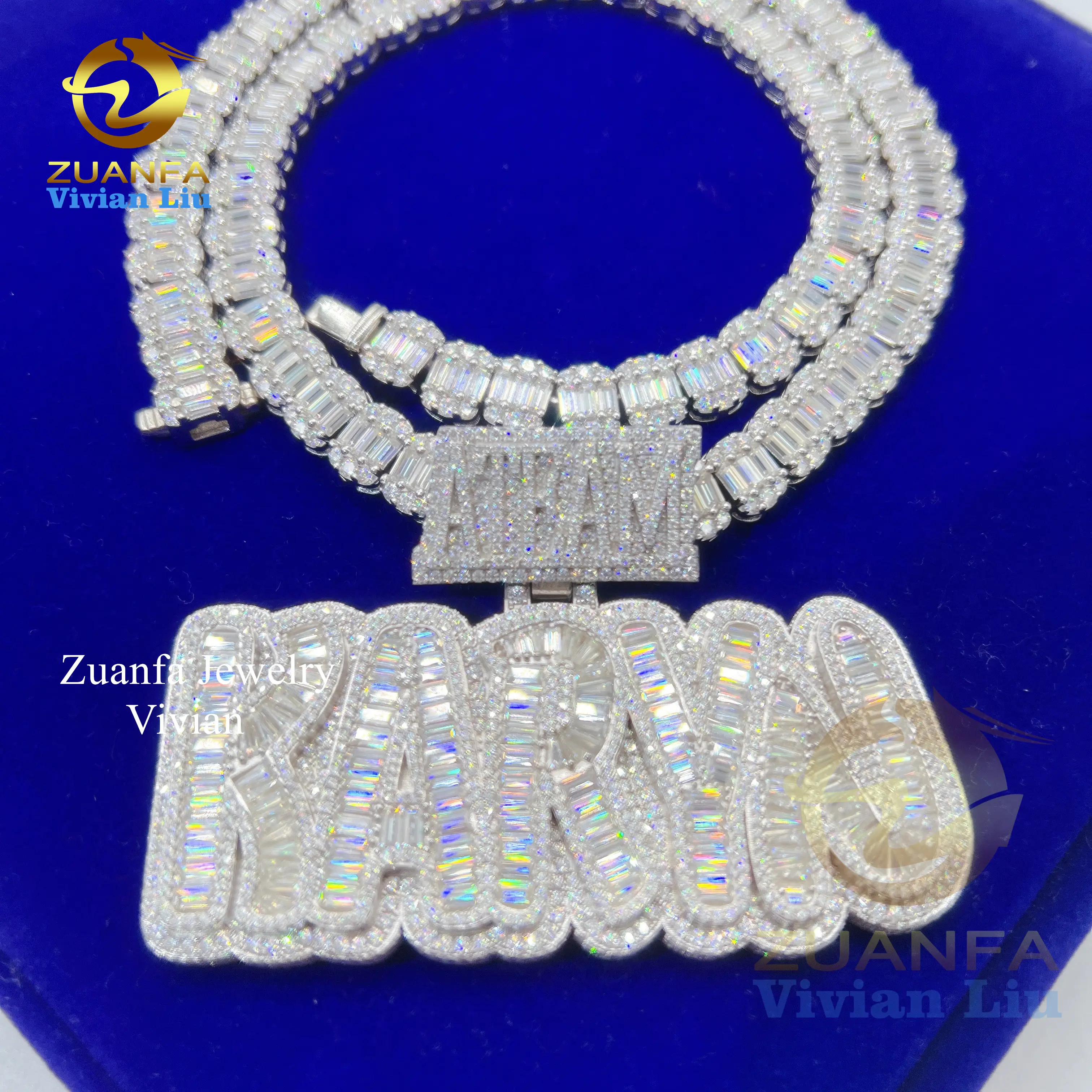 Fine Hip Hop Jewelry Sterling Silver 925 Custom Necklace Letter Name Pendants VVS Baguette Moissanite Diamond Iced Out Pendant