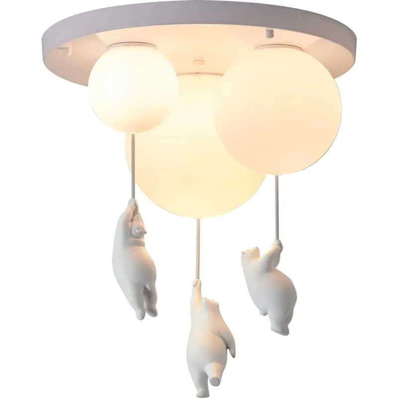 Modern Polar Creative White Glass Ball Resin Indoor Kid Children Kindergarten Hanging Lamp Bear Pendant Led Chandelier