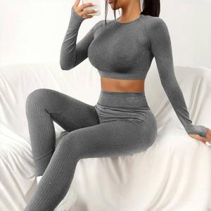 Ensemble <span class=keywords><strong>de</strong></span> pantalons <span class=keywords><strong>de</strong></span> fitness européens américains d'automne et d'hiver en tricot transfrontalier Costume <span class=keywords><strong>de</strong></span> yoga en maille à manches longues solide - Product Image 3