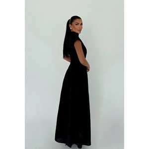 Robe de bal noire chic et luxueuse pour femme avec fente, taille empire, longueur ras du sol, décoration simple de perles, taille XS - Product Image 1