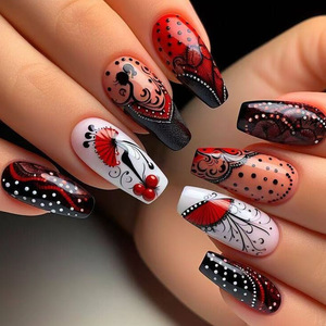 Uñas Postizas Pre-Diseñadas con Degradado Negro y <span class=keywords><strong>Rojo</strong></span> Francés, Material ABS Removible - Product Image 1
