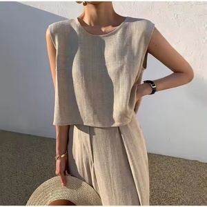Conjunto de Ropa Casual de Lino con Logotipo Personalizado OEM, Top sin Mangas con Cuello Redondo para Mujer, Pantalones de Lino de Cintura Alta - Product Image 4