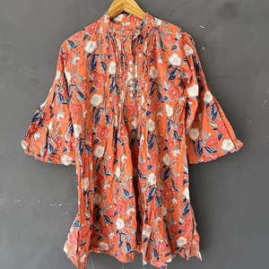 Vestido Kurti Hecho a Mano 100% Algodón Ecológico Lavable con Estampado Floral Digital Étnico para Mujer, Cuello en V, Manga 3/4, Silueta Trompeta - Product Image 1