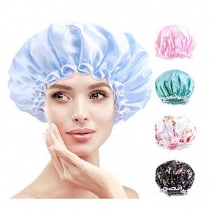 Waterproof Satin Lined <b>Extra</b> <b>Large</b> Dual Layer PE Fabric Adjustable Shower Cap Bath Hat for Unisex Daily Beach Use - Product Image 1