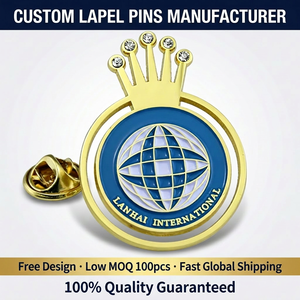 Épinglette personnalisée en émail, alliage de zinc plaqué or, couronne creuse, cristal, certifiée ISO, conception gratuite, faible MOQ, cadeau d'entreprise, OEM - Product Image 1