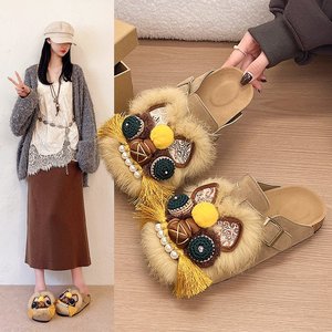 Zuecos de Mujer con Diseño de Danza del León Chino, Bordados, de Peluche, con Borlas Decorativas, Tipo Baotou, Planos y Fáciles de Poner - Product Image 6
