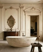 Baignoire autoportante moderne et haut de gamme en travertin, pierre artificielle, avec drain intégré et fonction massage, garantie 5 ans