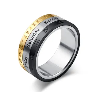 Titanium Steel Rotatable Week calendar Date Ring Men&#39;s Gold Black Silver Color Rings Engagement Men Jewelry Punk Gift Men