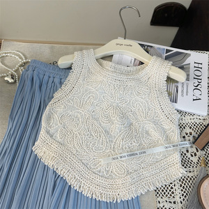 Nouvel ensemble d'été pour filles : débardeur sans manches en dentelle et pantalon plissé large en soie glacée, deux pièces - Product Image 6