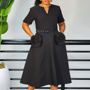 เดรสทรงเอที่สง่างามสำหรับฤดูร้อนใหม่ไซส์ใหญ่สไตล์ยุโรปพร้อมคอวีและแขนสั้นแบบหวานเข็มขัดแบบรัดเอว - Product Image 2