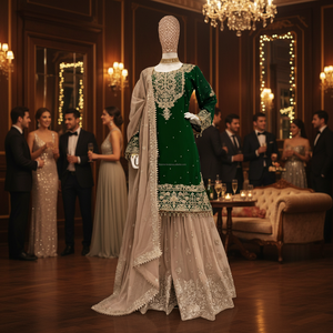 Robe de soirée et dupatta FABZONE avec broderie en faux georgette et travail de séquence, dentelle fantaisie perlée - Ensemble de robe élégante avec travail de séquence FZKD - Product Image 2