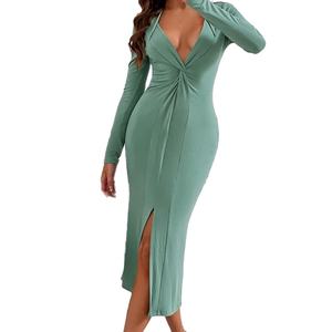 Vestido Midi Personalizado OEM de Alta Calidad para Mujer, Estilo Casual, Sexy, con Abertura, Cuello en V, Manga Larga, para Primavera y Otoño - Product Image 2