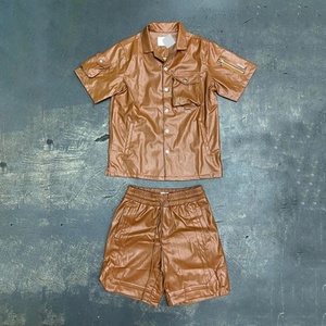Streetwear Summer High Quality Track Suit Sweatsuits <b>Lounge</b> Wear <b>Set</b> Mens <b>Two</b> <b>Piece</b> Leather Short Sleeves Buttons <b>Set</b> - Product Image 2