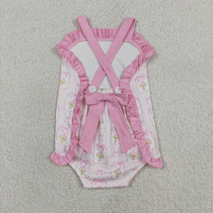 ชุดรอมเปอร์เด็กผู้หญิง สายรัดโบว์ ประดับดอกไม้ โบว์ด้านหลัง แต่งระบาย - Product Image 3