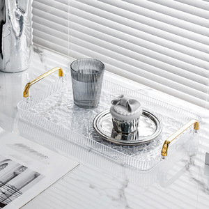 Acrylic <b>Tea</b> <b>Tray</b> Transparent Crackle Pattern With Gold Handles For Living Room Hotel Use - Product Image 2