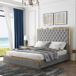 Roomgem Giường Khung Đồ Nội Thất Phòng Ngủ SS Sang Trọng Nhung Vàng Màu Xám Nút Nữ Hoàng Kích Thước Vải Thép Thông Tán Giường Hiện Đại Mềm Mại Giường - Product Image 3