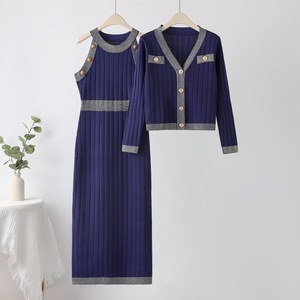 Elegant 2 Piece Set Women Long Tank Dress Knit Cardigan Sweater <b>Gold</b> <b>Button</b> Up Rib Knitted Vest Dress Manufacturer - Product Image 1