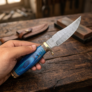 Couteau de chasse à lame fixe en acier Damas de qualité industrielle Rajput, manche en bois coloré, design à pointe tombante, 20 cm, pour l'extérieur - Product Image 5