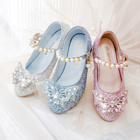 Chaussures à talons hauts roses pour filles, chaussures de spectacle pour enfants, avec strass, motif princesse Elsa, antidérapantes, résistantes à l'usure, imprimé animal, printemps-automne