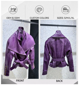 Violette Echtleder-Motorradjacke für Damen mit Stehkragen, Reißverschluss, Gürtel, Goldknöpfen, Kurze Biker-Jacke in Maßanfertigung und Wunschfarben - Product Image 2