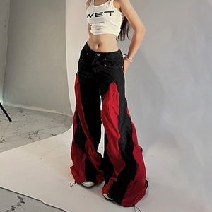 Pantalon baggy streetwear en toile respirante avec panneaux color block - Taille basse, silhouette oversize, fermeture éclair, automne - Product Image 2