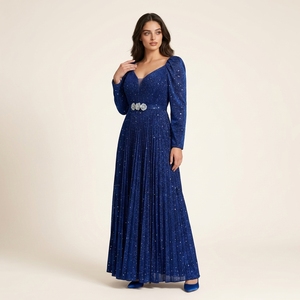 Elegante Vestido de Noche Azul Rey de Poliéster Plisado de Manga Larga Maxi con Detalle en la Cintura para Banquete y Eventos Especiales - Product Image 1