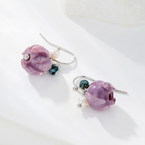 Retro Chinese Style Purple Glass Flower Drop Earrings With Pearl Accents For Women Fashion Jewelry - Product Image 2