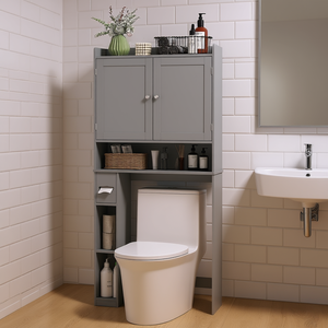 Armoire de rangement moderne à 2 portes pour salle de bain, gris, 24 pouces de large, avec porte-papier toilette et étagères - Product Image 2