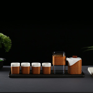 Bamboo Woven Ceramic <b>Tea</b> <b>Set</b> With Teapot Fairness Cup And Four Teacups Traditional Chinese Design Gift For <b>Tea</b> Ceremony - Product Image 1