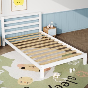 Letto della piattaforma di legno solido con la <span class=keywords><strong>testiera</strong></span>, struttura gemella moderna del letto con le stecche di legno di sostegno, nessuna molla della scatola necessaria, bianco - Product Image 3