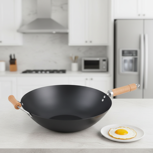 Ustensiles de cuisine chinois personnalisable, épaisseur à deux couches, antiadhésif en acier au carbone, <span class=keywords><strong>wok</strong></span> avec couvercle en bois 14/1.5 cm, 35.5 pièces - Product Image 2
