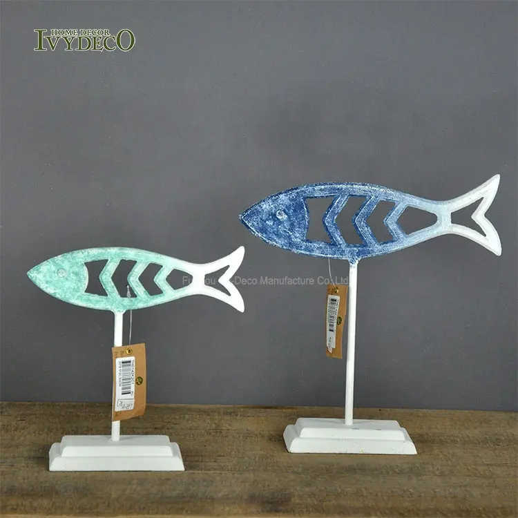 Ivydeco decoração costeira de peixe, acessórios náuticos para decoração, escultura de peixe com suporte, azul, prata e branca