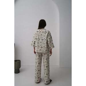 Conjunto de Pijama de Lino para Mujer, Beige, Bordado, Manga Larga, Casual, Suave, Tejido, 2 Piezas - Product Image 1