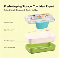 Boîte à lunch rectangulaire à double étage en plastique pour enfants, avec motif de dessin animé, ensemble bouteille d'eau et cuillère, portable, compatible micro-ondes
