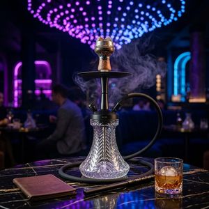 Juego de Cachimba Portátil de Vidrio Tallado Transparente con Base de Metal y 2 Mangueras para Uso en Salón, Bar o Casa - Product Image 2
