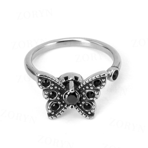 316LStainless Steel <b>Fidget</b> <b>Rings</b> Butterfly Design Multi Black Gemstone Inlay Retro Texture Open Adjustable Jewelry for Men Women - Product Image 2