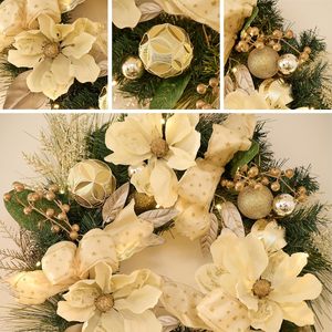 Guirlande <span class=keywords><strong>de</strong></span> <span class=keywords><strong>Noël</strong></span> pré-éclairée Valery Madelyn <span class=keywords><strong>de</strong></span> 24 pouces, blanche et dorée, avec magnolias et boules <span class=keywords><strong>de</strong></span> <span class=keywords><strong>Noël</strong></span>, pour montage sur porte, décoration extérieure - Product Image 4