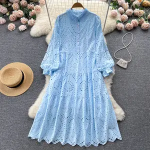 LY845 New 2022 Women's Romantic Solid Color Hollow Out Embroidery Dress Ladies Elegant Summer Dresses Vestidos Clothing 8