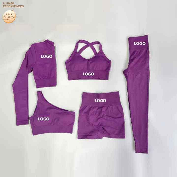Wholesale High Stretch Compression 5 Piece Yoga Set Sport Bra Booty Lift Leggings Set Long Sleeve Bra Tops Sports Set for Women