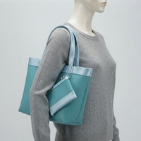 Ensemble sac fourre-tout et pochette zippée 2-en-1 pour femme, en cuir PU bleu clair, imperméable, décontracté, pour voyage et shopping, sac à bandoulière