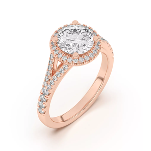 Bague de fiançailles pour femme en or rose 18 carats avec halo de diamants à 4 griffes et double pavé sur le sertissage - Product Image 3