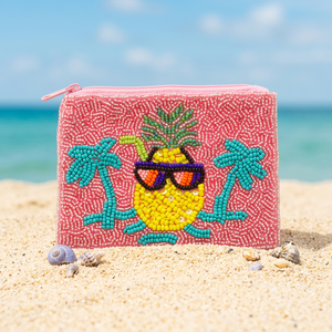 Porte-monnaie personnalisé fait main avec perles, brodé, pochette zippée, motif ananas et palmier, cadeau de voyage tendance, portefeuille - Product Image 2